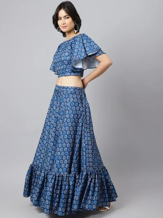 Ikat Printed Crop Top With Skirt And Dupatta Set | Lehenga Choli