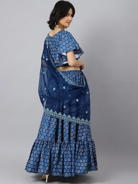 Ikat Printed Crop Top With Skirt And Dupatta Set | Lehenga Choli