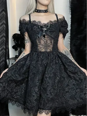 InsGoth Goth Y2K Fairy Grunge Aesthetic Lace Pattern Spider Web See Through Jacquard Off Shoulder Gothic Dress