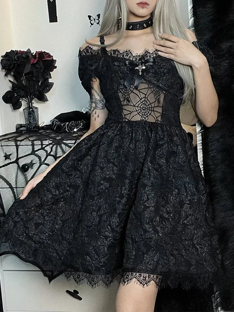 InsGoth Goth Y2K Fairy Grunge Aesthetic Lace Pattern Spider Web See Through Jacquard Off Shoulder Gothic Dress