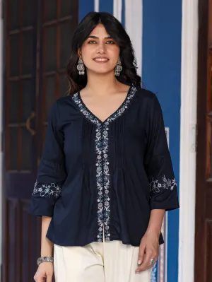 Juniper Navy Blue Modal Rayon Floral Embroidered Tunic With Pintucks At Front