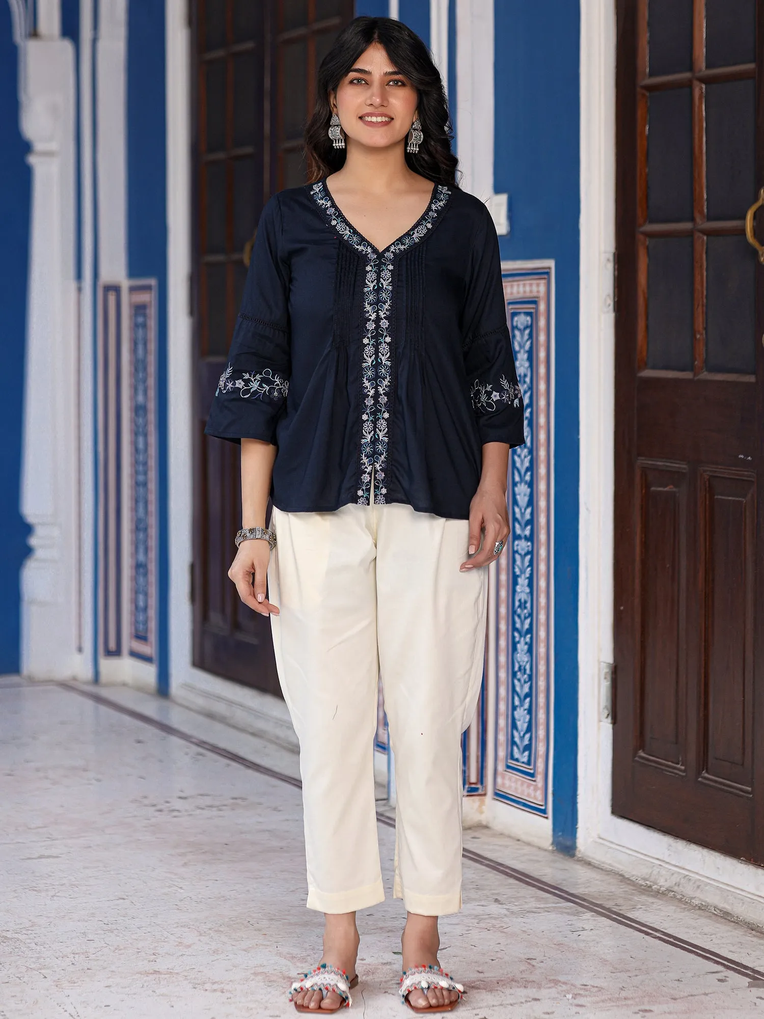 Juniper Navy Blue Modal Rayon Floral Embroidered Tunic With Pintucks At Front