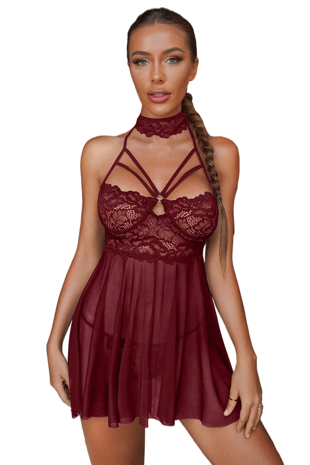 Lace Sheer Splicing Strappy Badydoll Set