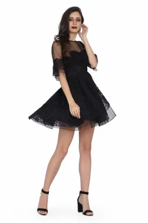 Ladies black satin overlayed net gothic dress