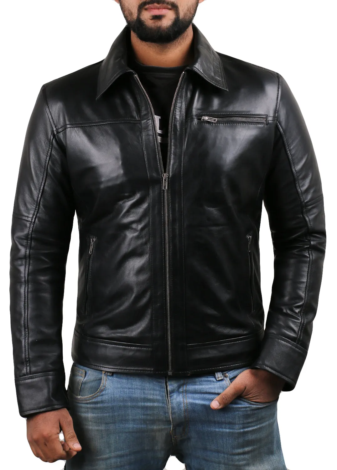 Leather Jackets Hub Mens Genuine Lambskin Leather Jacket (Black, Classic Jacket) - 1501091