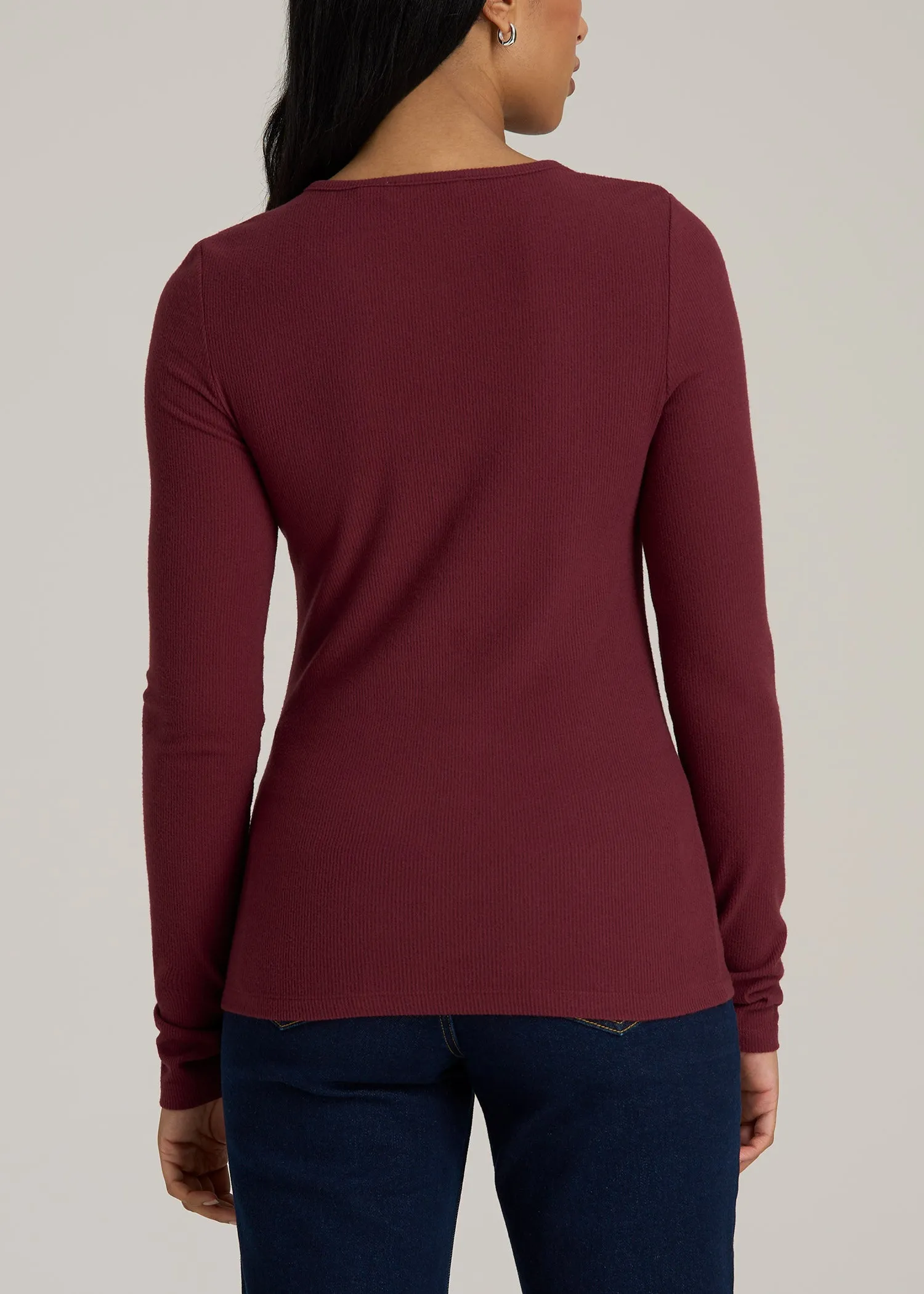 Long Sleeve Ribbed Crewneck Women's Tall Henley Shirt in Red Ochre