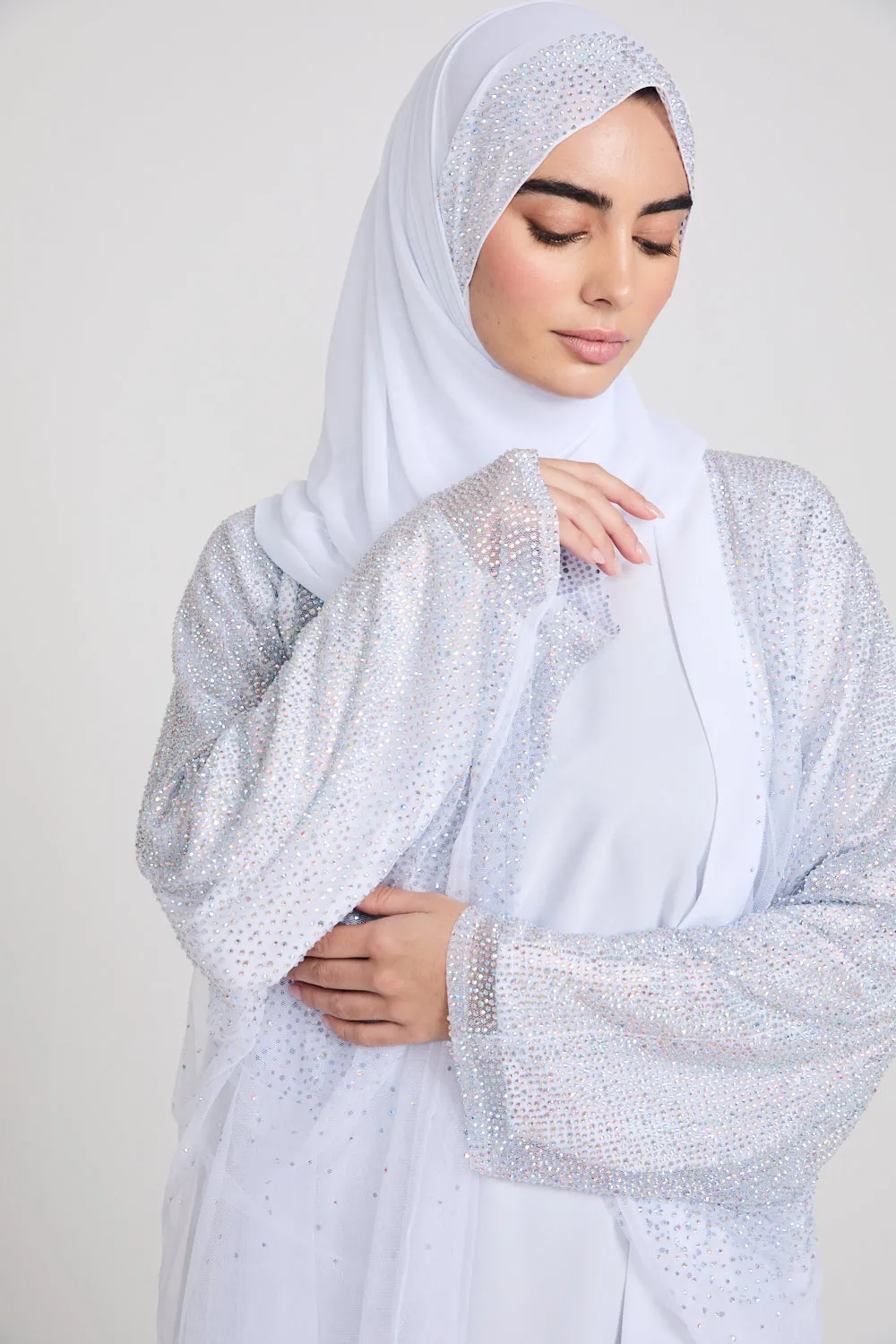 Luxury Three Piece Celestial Stardust Open Abaya Set - White