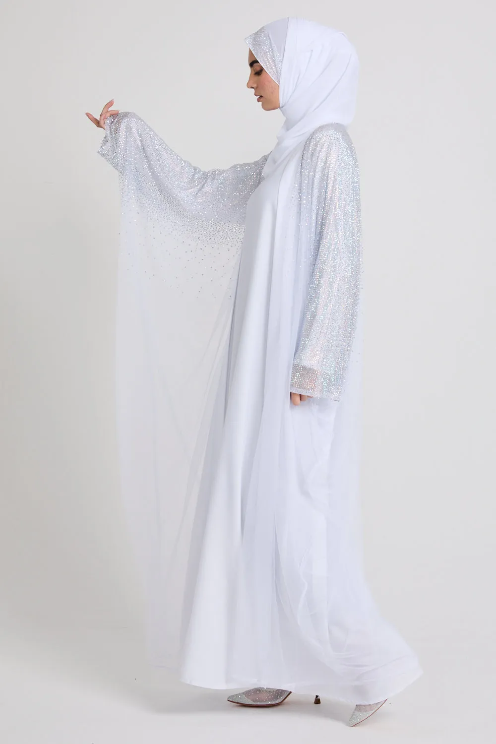 Luxury Three Piece Celestial Stardust Open Abaya Set - White