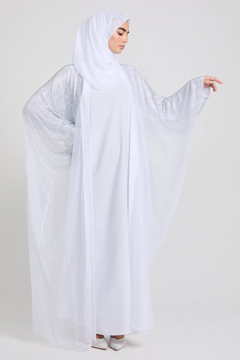 Luxury Three Piece Celestial Stardust Open Abaya Set - White