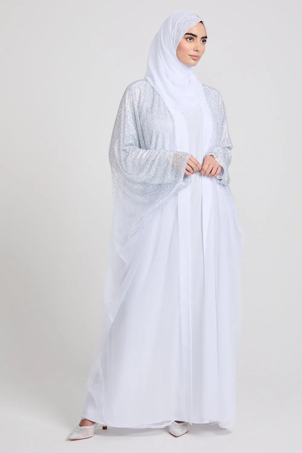 Luxury Three Piece Celestial Stardust Open Abaya Set - White