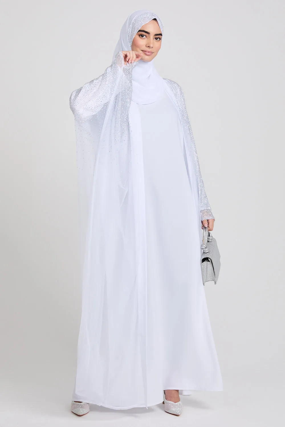 Luxury Three Piece Celestial Stardust Open Abaya Set - White