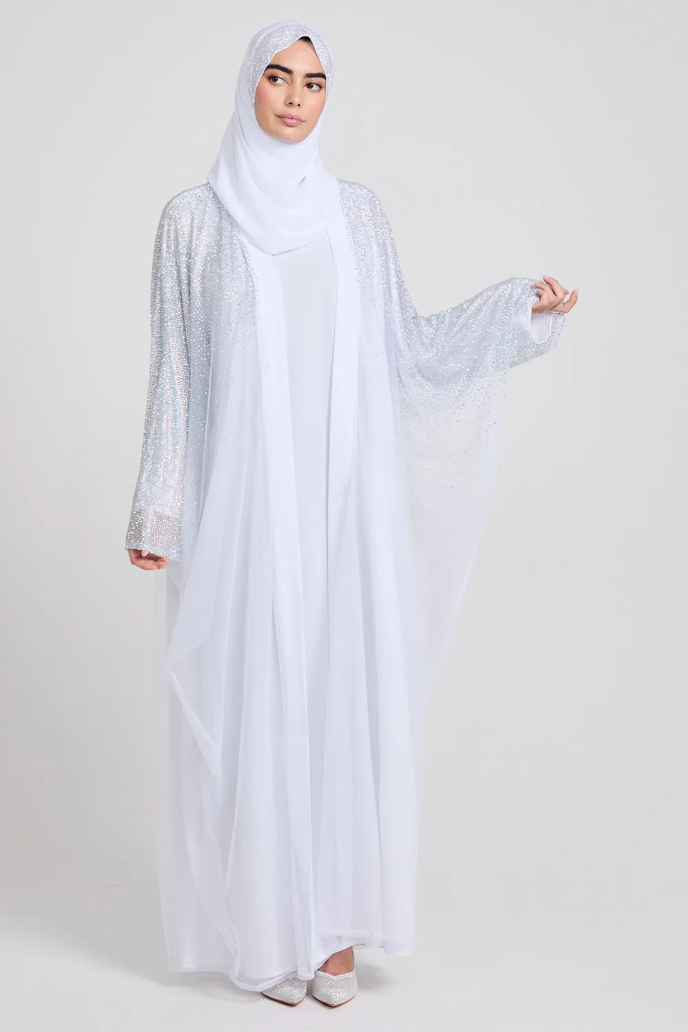 Luxury Three Piece Celestial Stardust Open Abaya Set - White