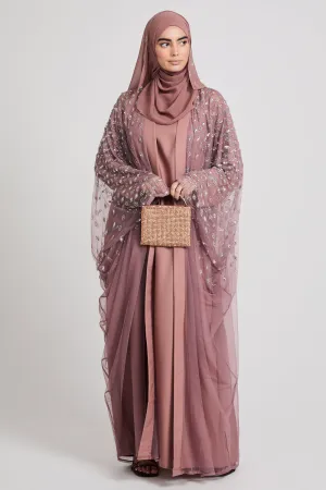 Luxury Three Piece Eternal Starlight Open Abaya Set - Cosmic Rose