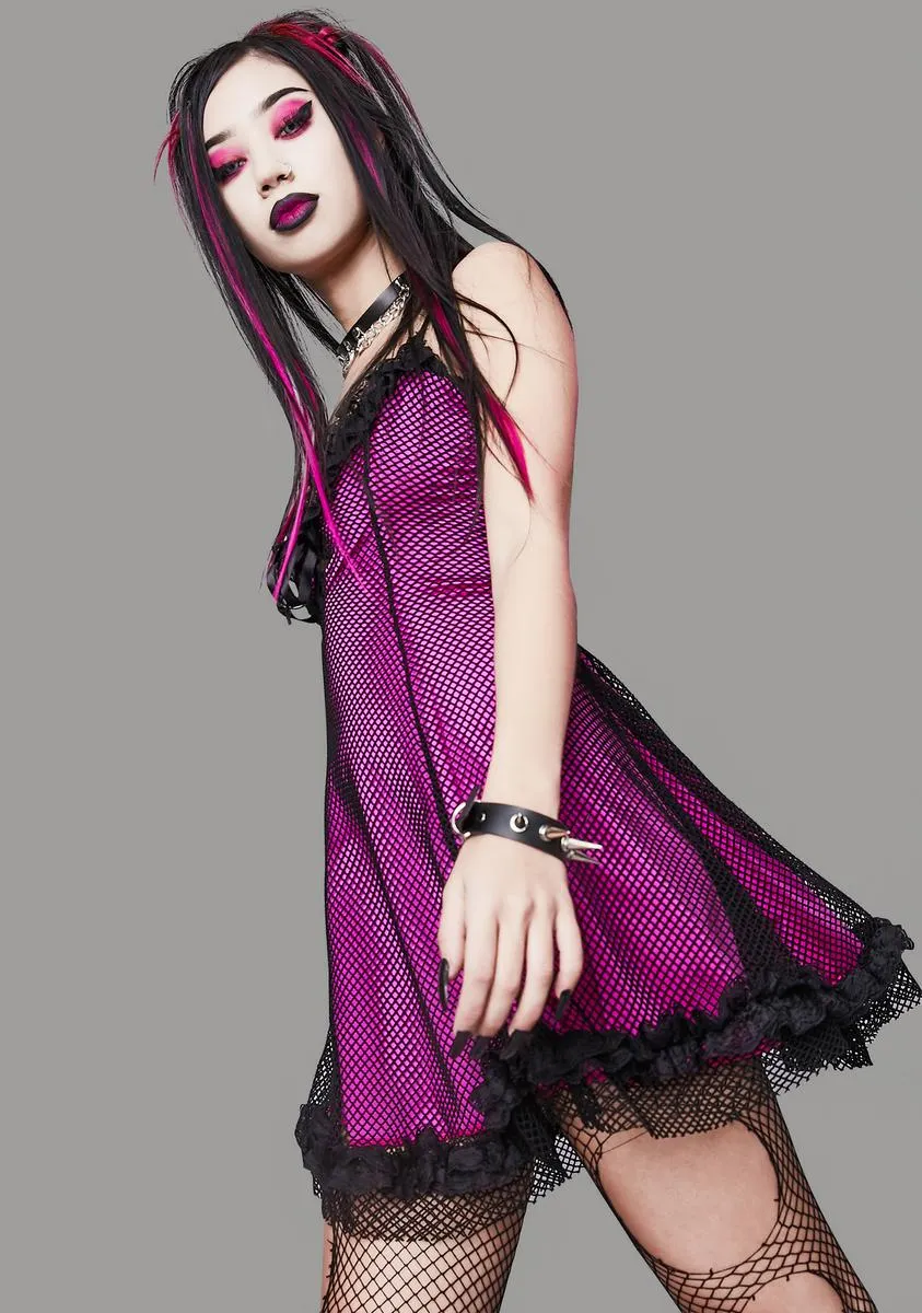 Magenta Faithfully Doomed Fishnet Dress