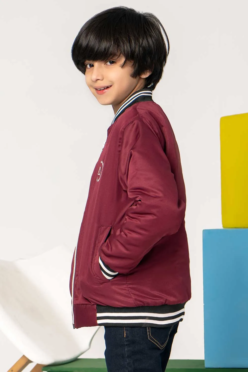 Maroon Tipped Bomber Jacket - Boys