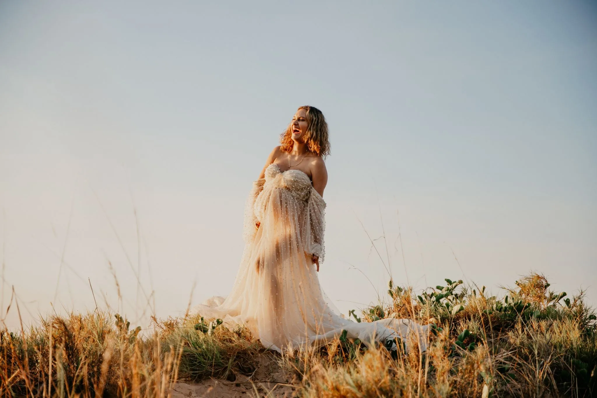 Maternity Photoshoot Dresses - Pearl Tulle Long Sleaves - Champagne - RENTAL