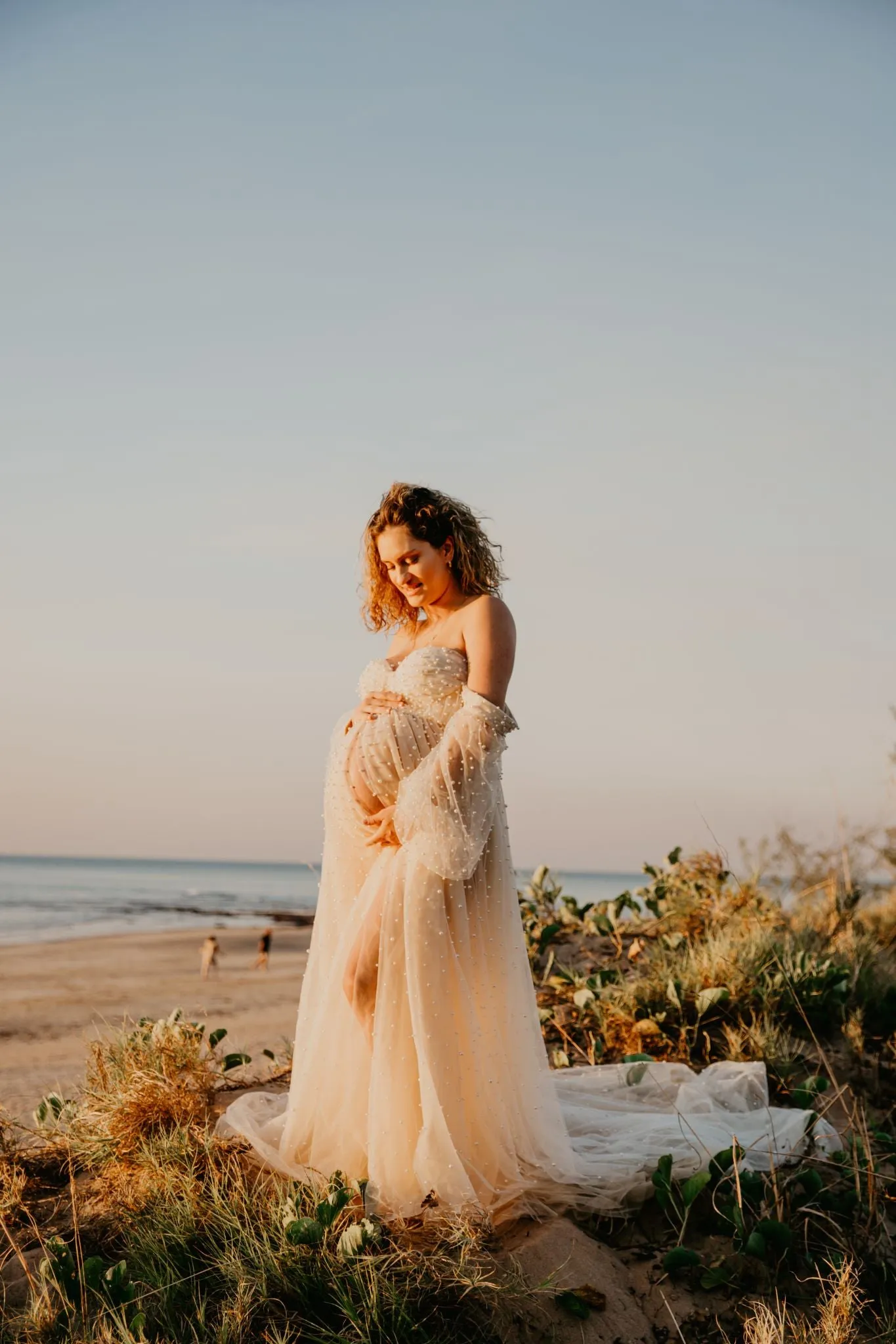 Maternity Photoshoot Dresses - Pearl Tulle Long Sleaves - Champagne - RENTAL