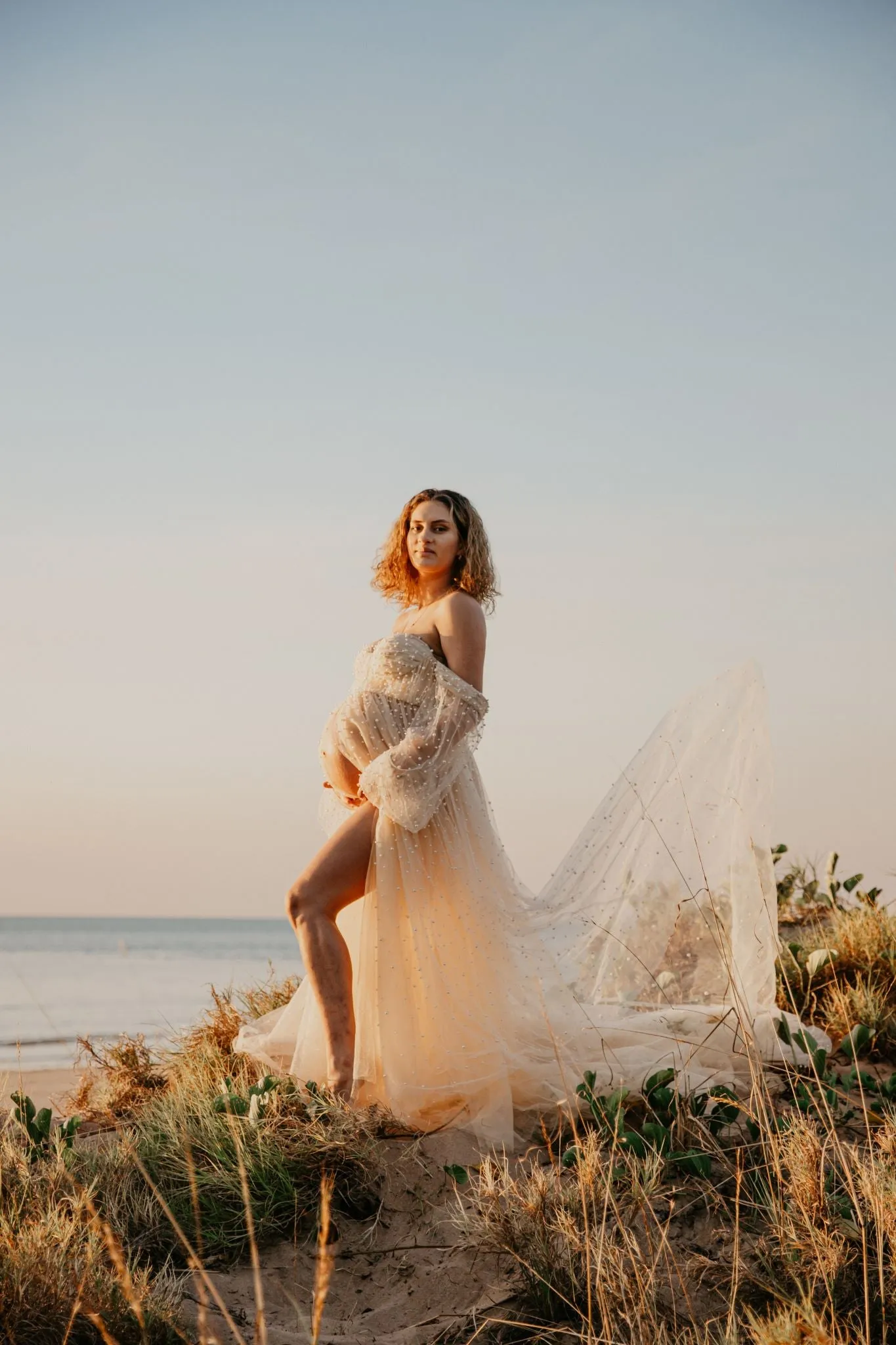 Maternity Photoshoot Dresses - Pearl Tulle Long Sleaves - Champagne - RENTAL