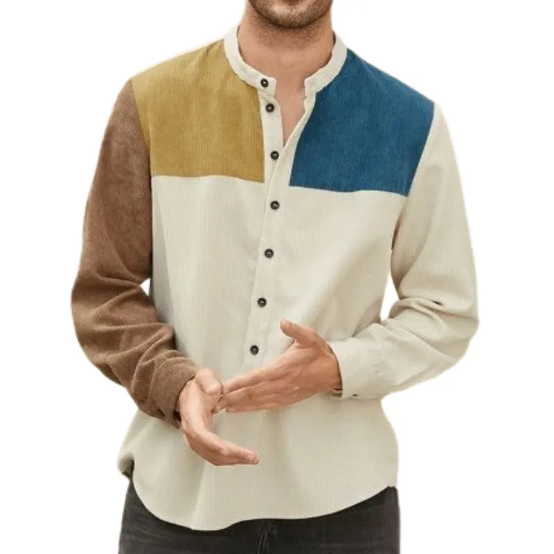 Men's Casual Colorblock Corduroy Henley Neck Long Sleeve T-Shirt 12370215F