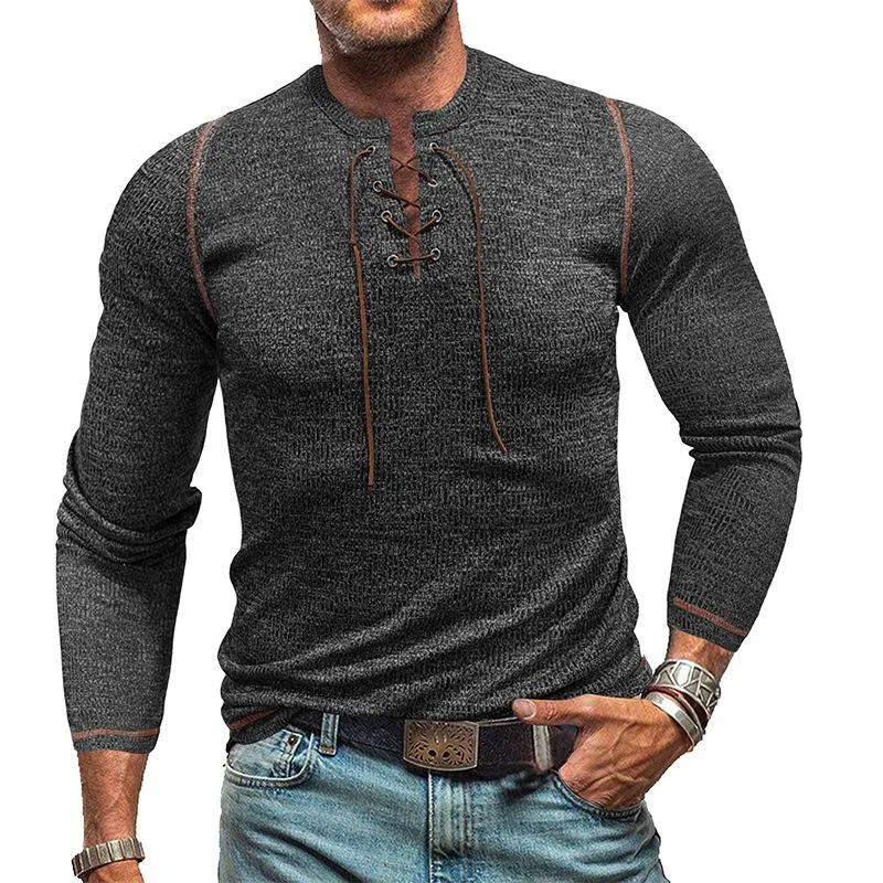 Men's Crew Neck Tie Long Sleeve Outdoor Henley T-Shirt 83787856X