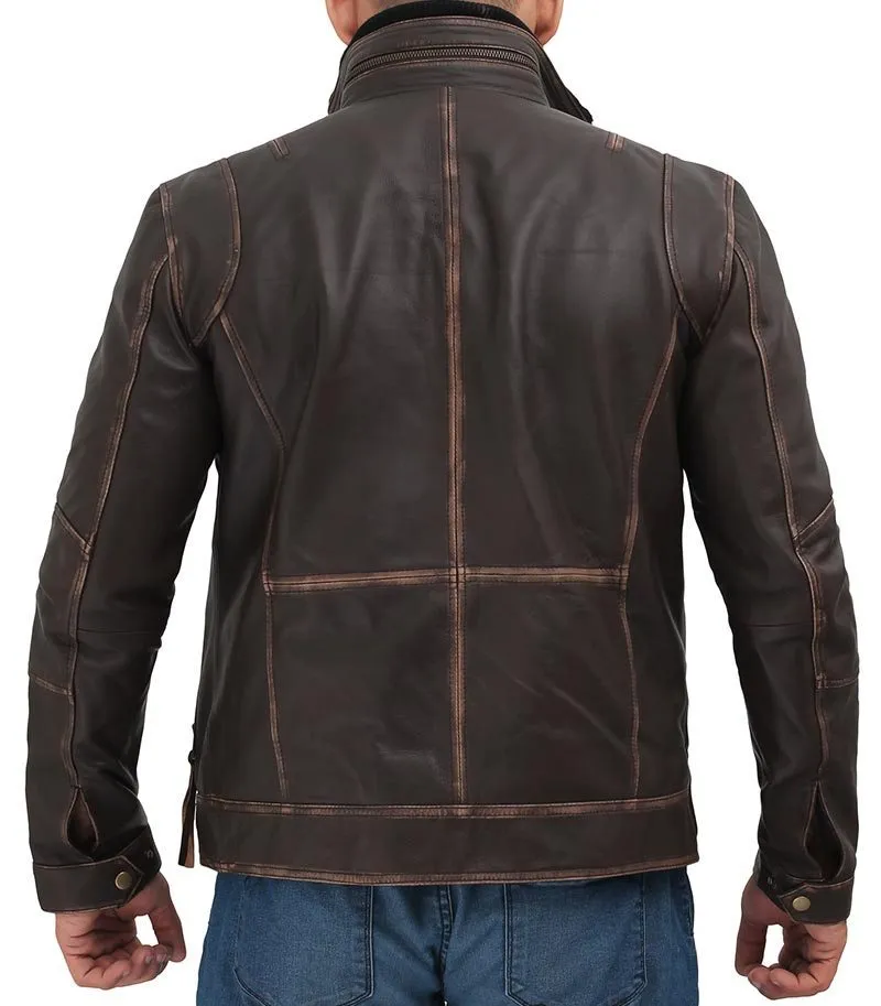 Mens Dark Brown Distressed Six Pocket Vintage Leather Jacket