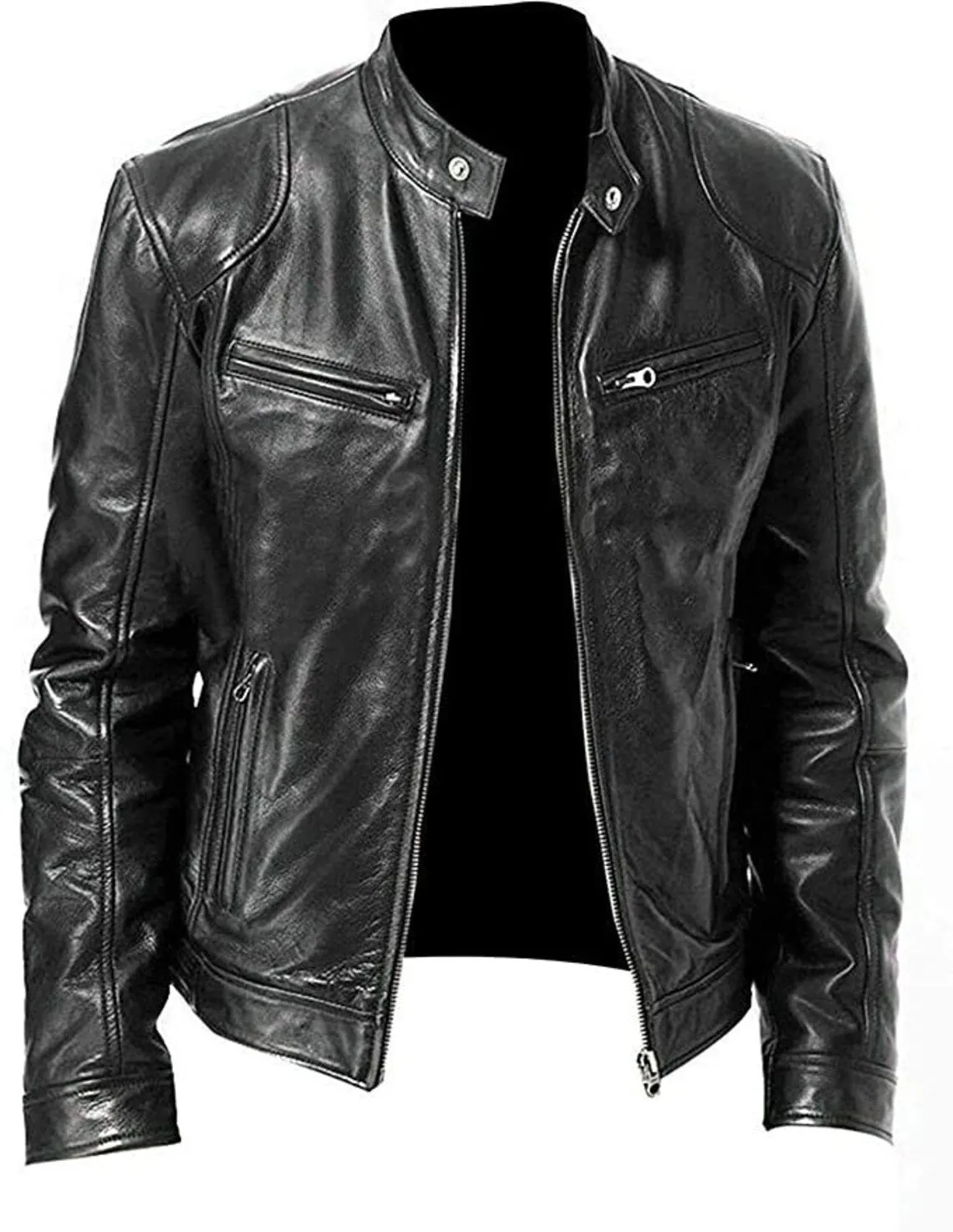 MEN'S VINTAGE CAFE RACER BLACK BROWN GENUINE LEATHER SLIM FIT REAL BIKER JACKET