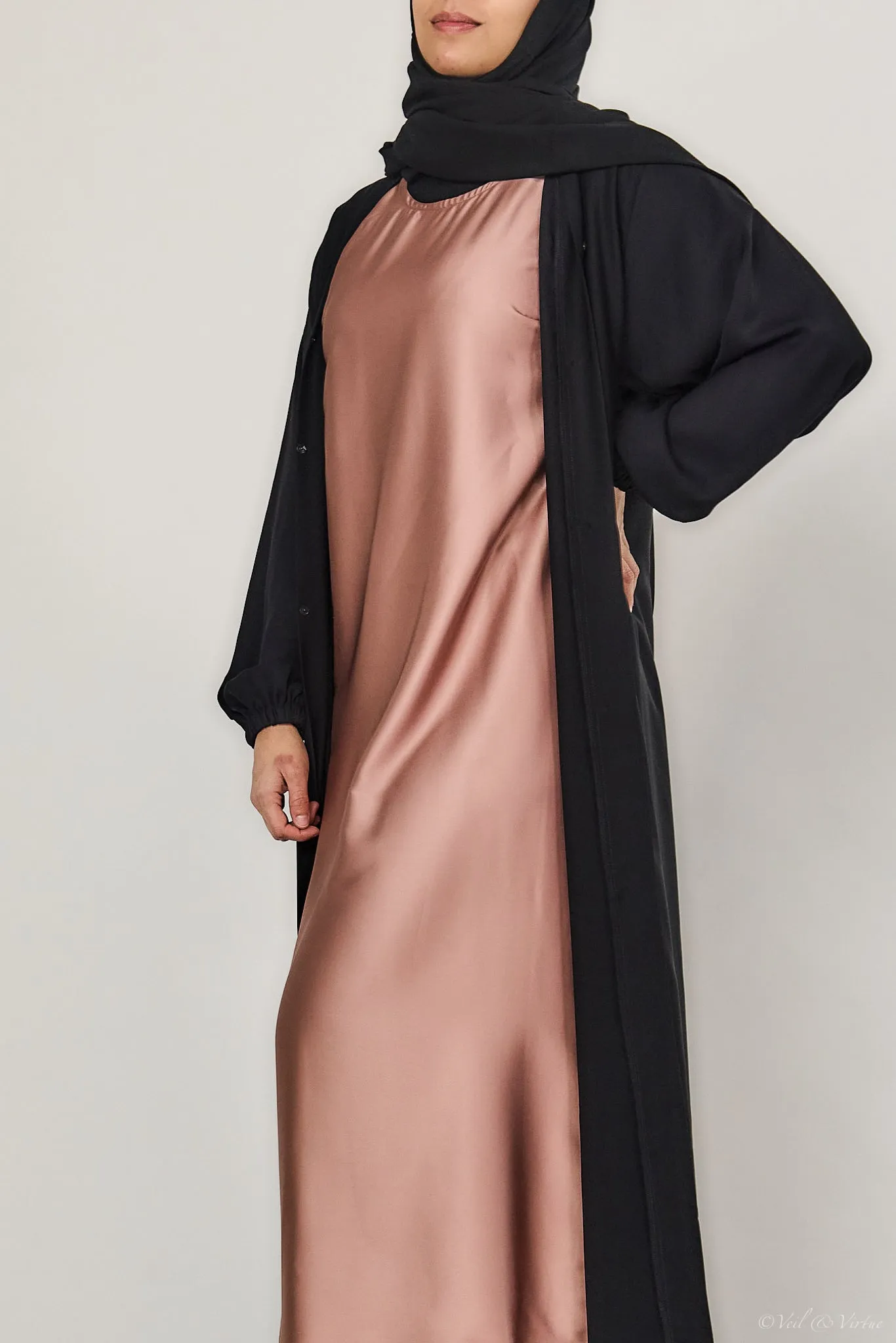 Mocha Short-Sleeved Satin Abaya Slip Dress