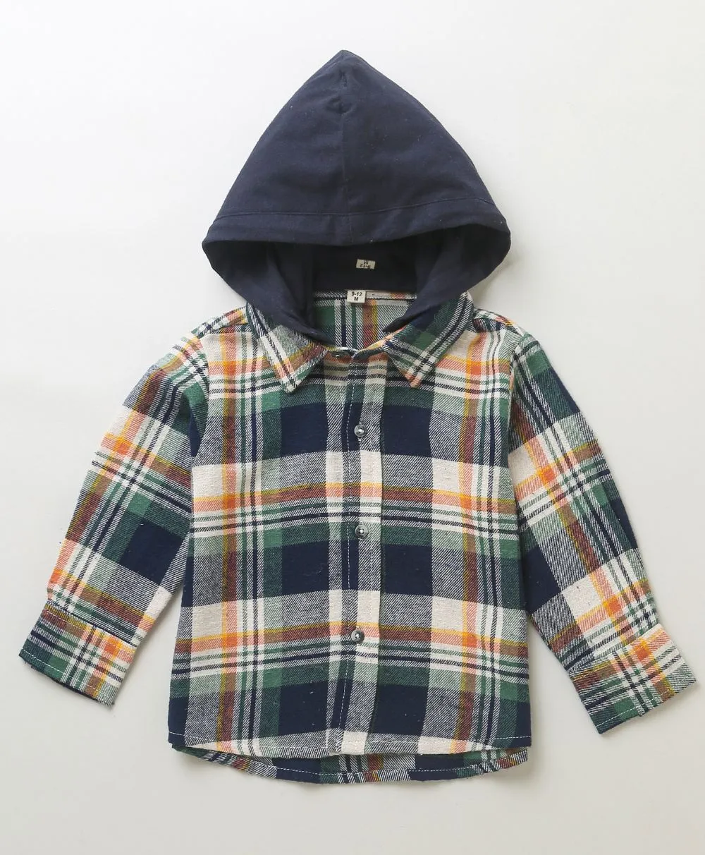 Multicoloured Checks Cotton Flannel Hoodie Long Sleeve Shirt - detachable hoodie