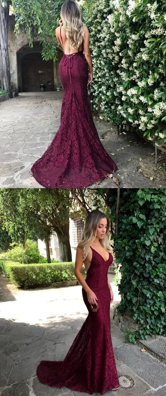 Newest Backless Sexy Lace Burgundy Mermaid Prom Dress | Long Formal Dress