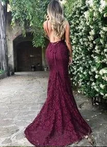 Newest Backless Sexy Lace Burgundy Mermaid Prom Dress | Long Formal Dress