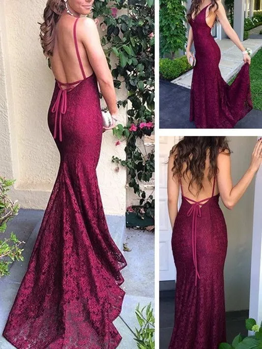 Newest Backless Sexy Lace Burgundy Mermaid Prom Dress | Long Formal Dress