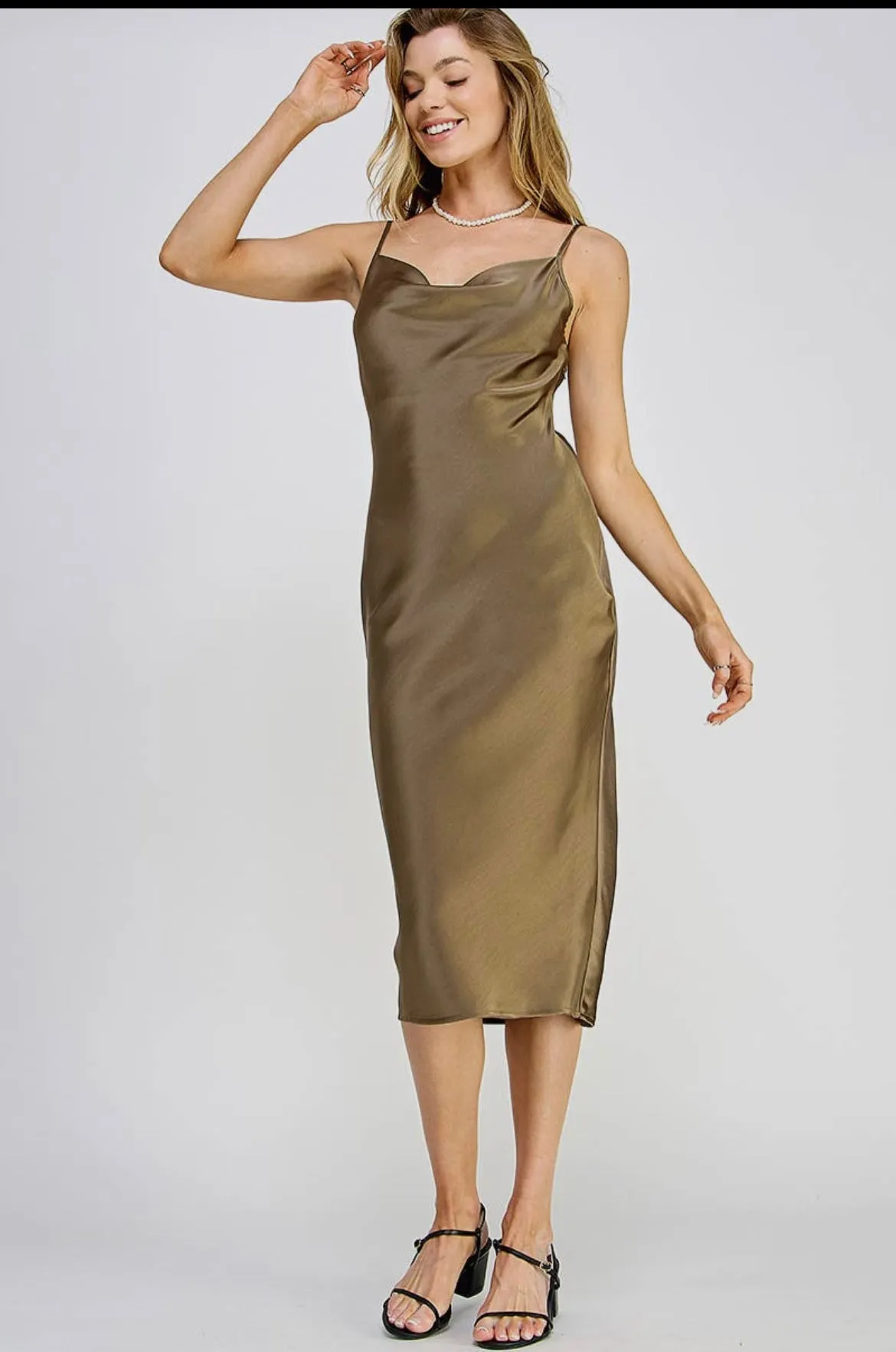 Olive Satin Slip Dress