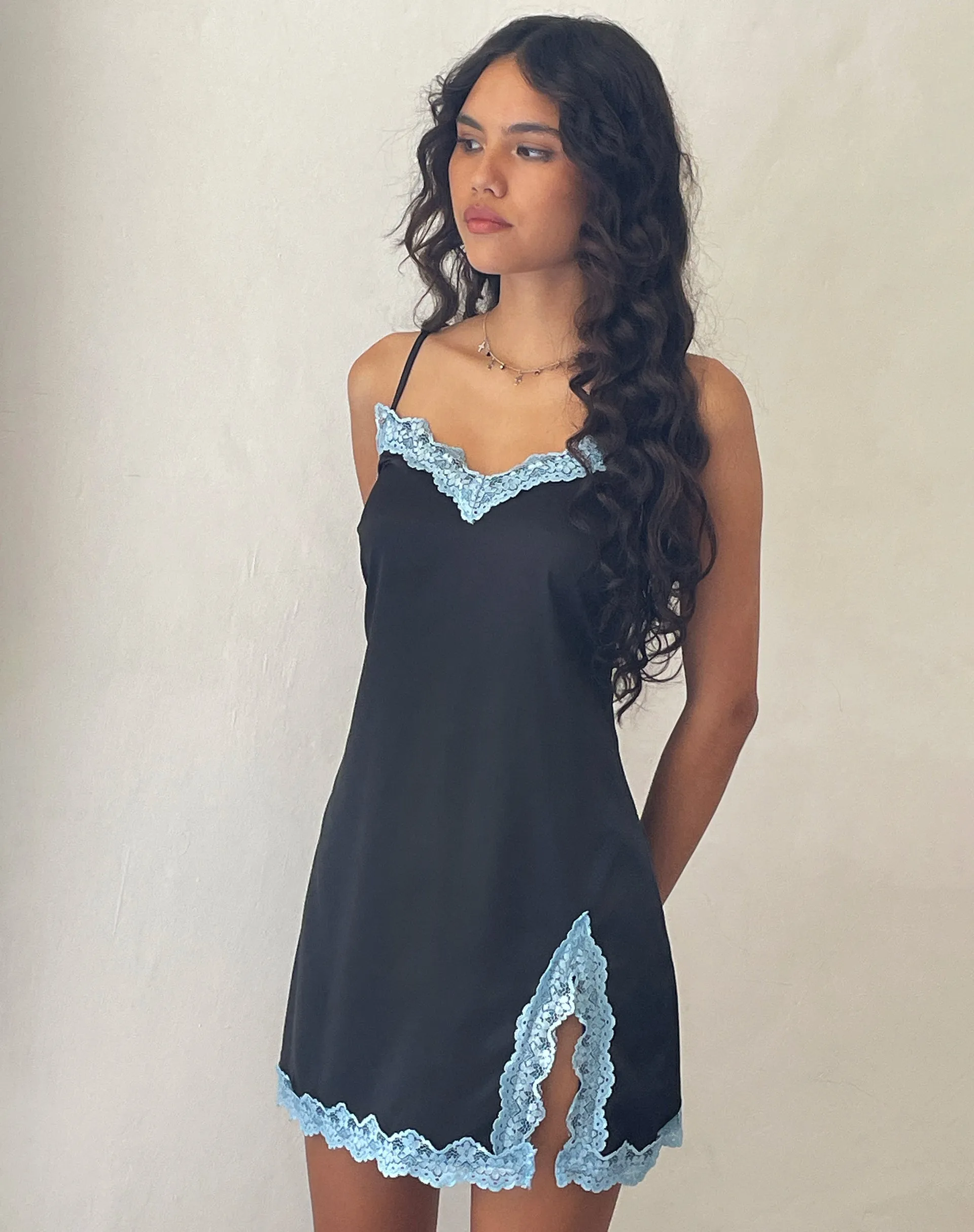 Oming Slip Mini Dress in Black with Blue Lace