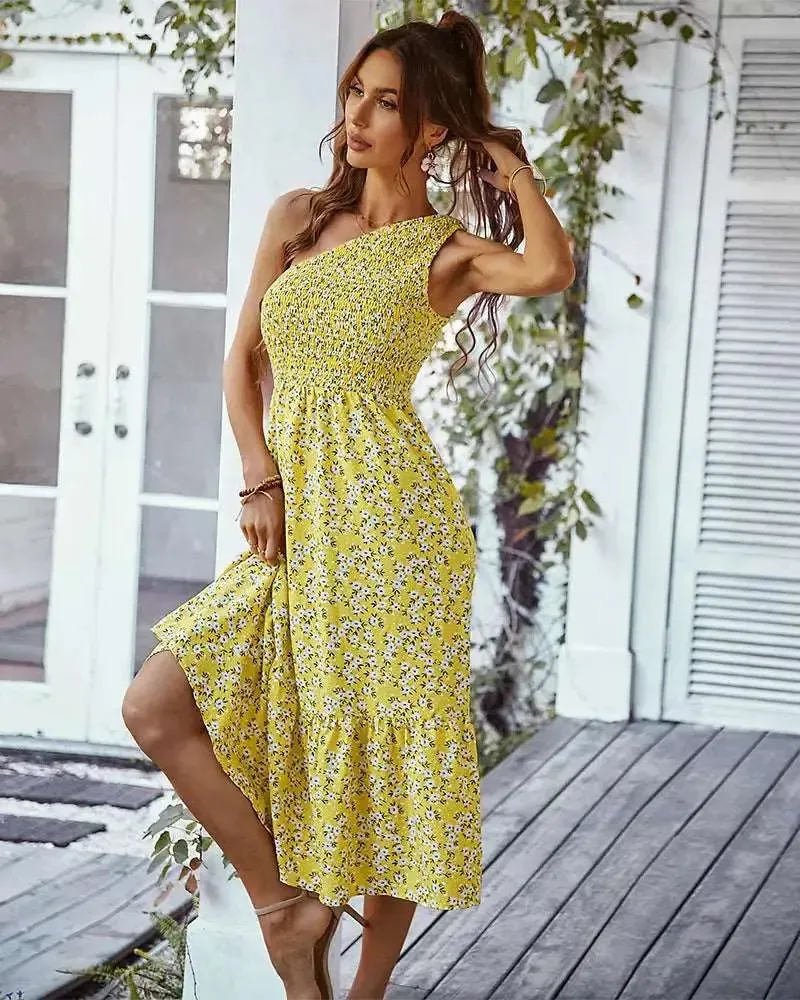 One Shoulder Floral Midi Dress