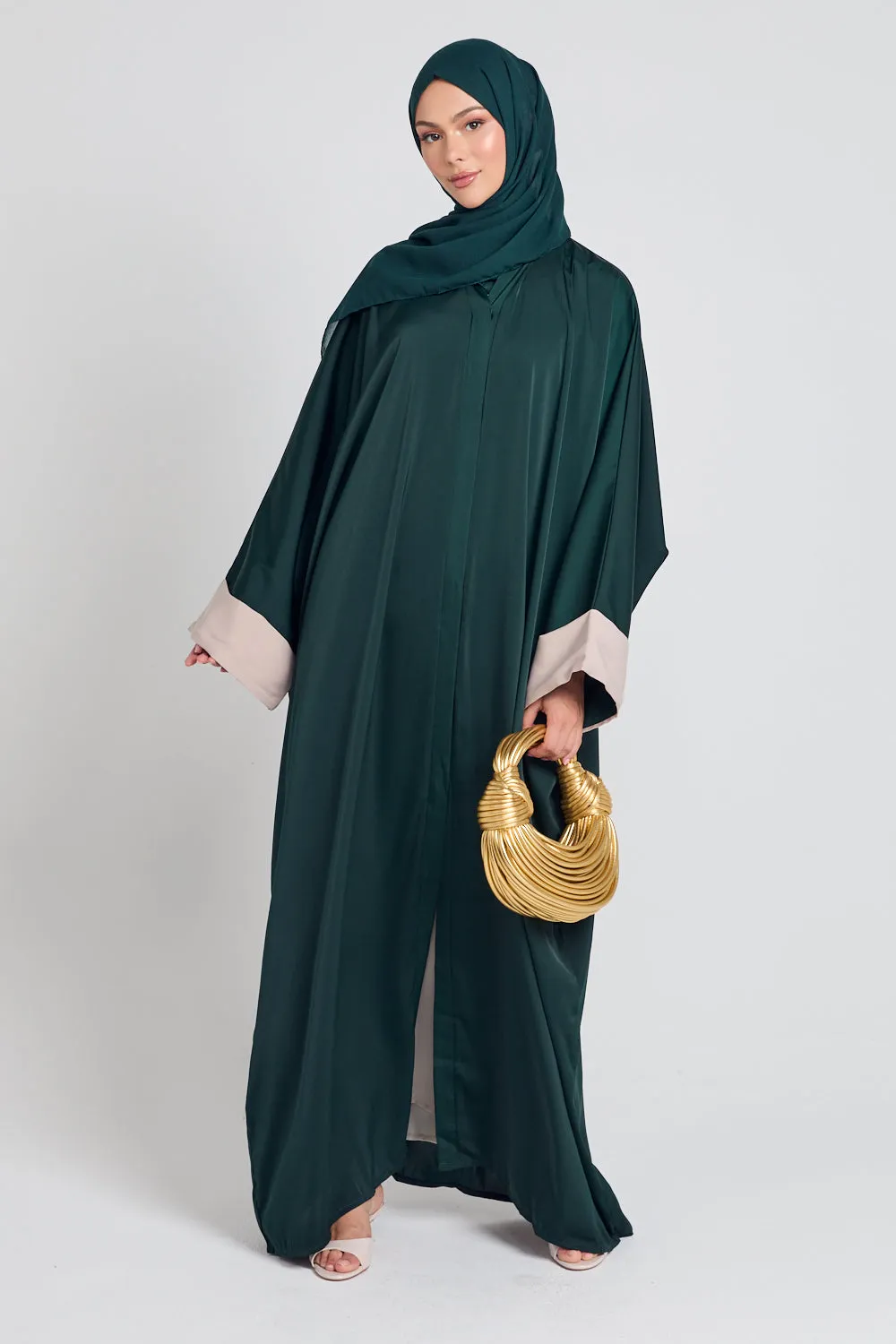 Open Farasha With Folded Contrast Cuffs - Forest Green