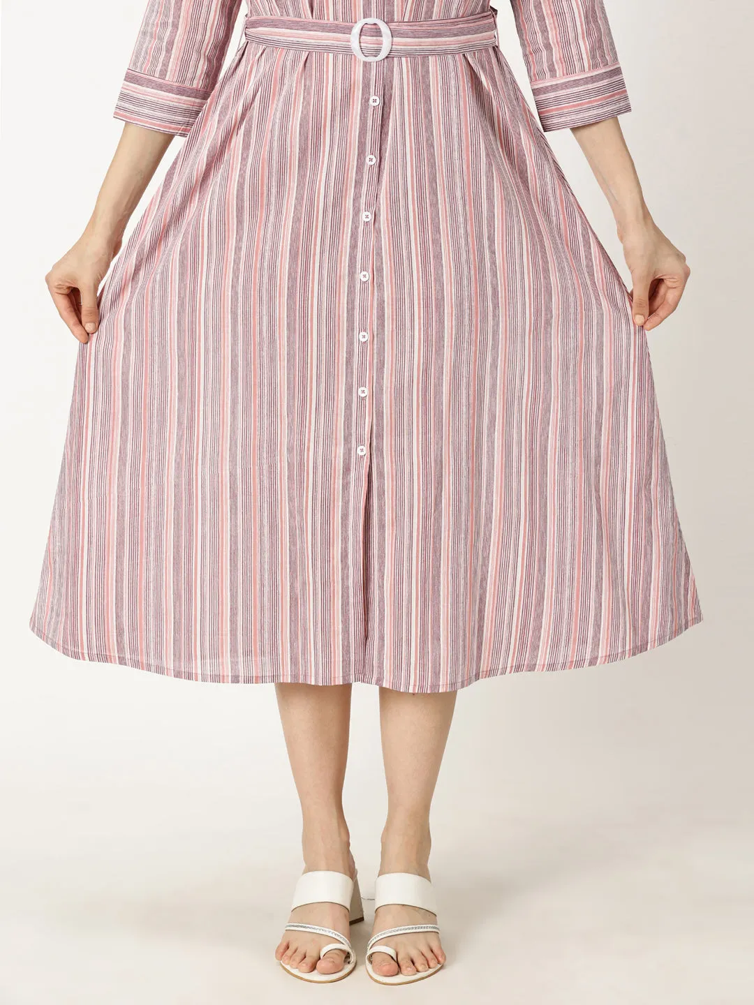 Pink Striped Print Cotton Dress with Belt Buckle