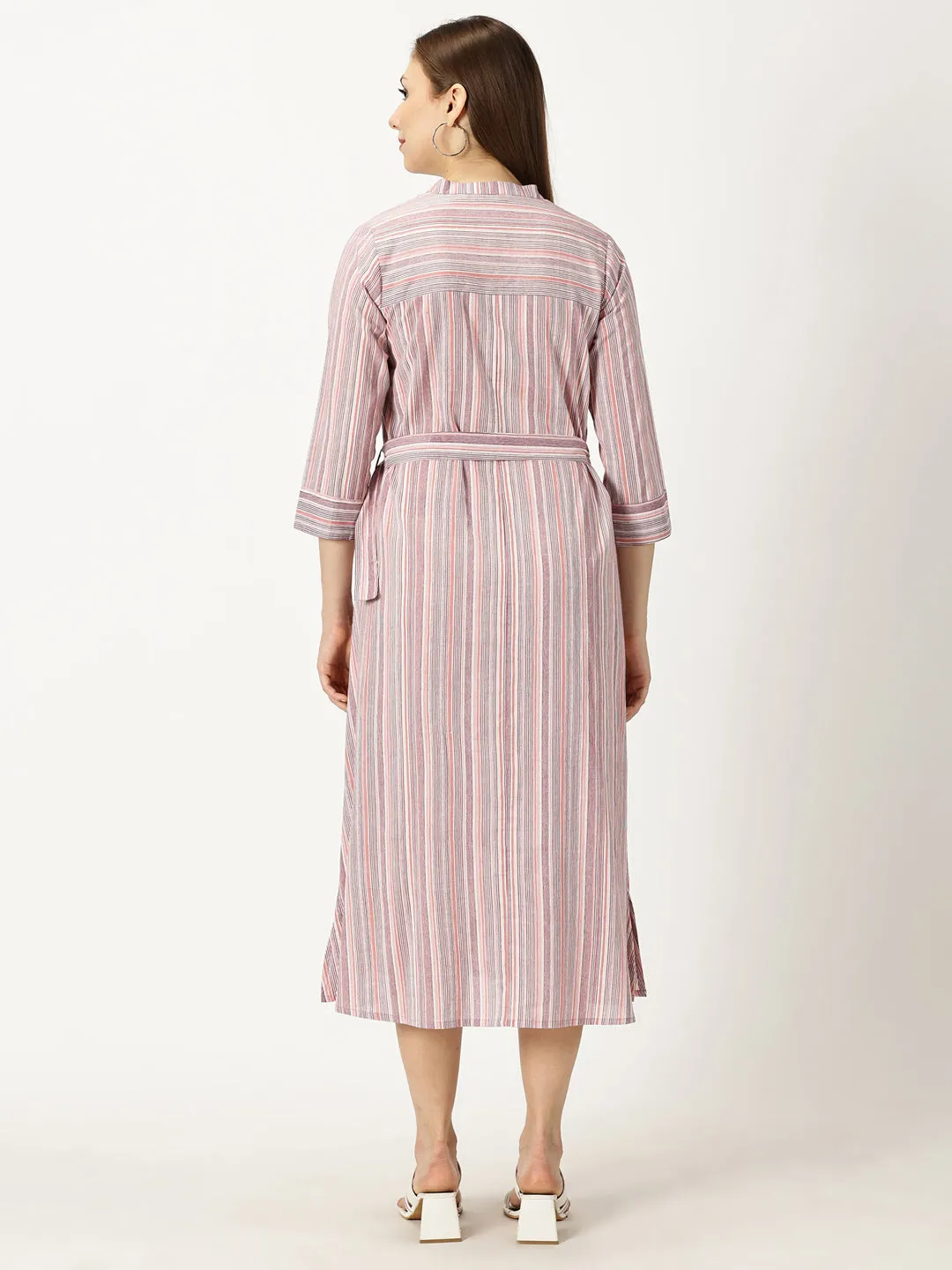 Pink Striped Print Cotton Dress with Belt Buckle