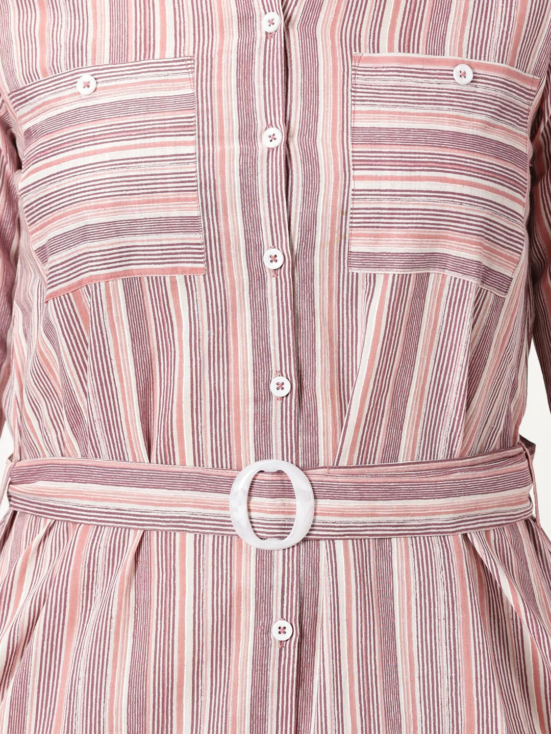 Pink Striped Print Cotton Dress with Belt Buckle