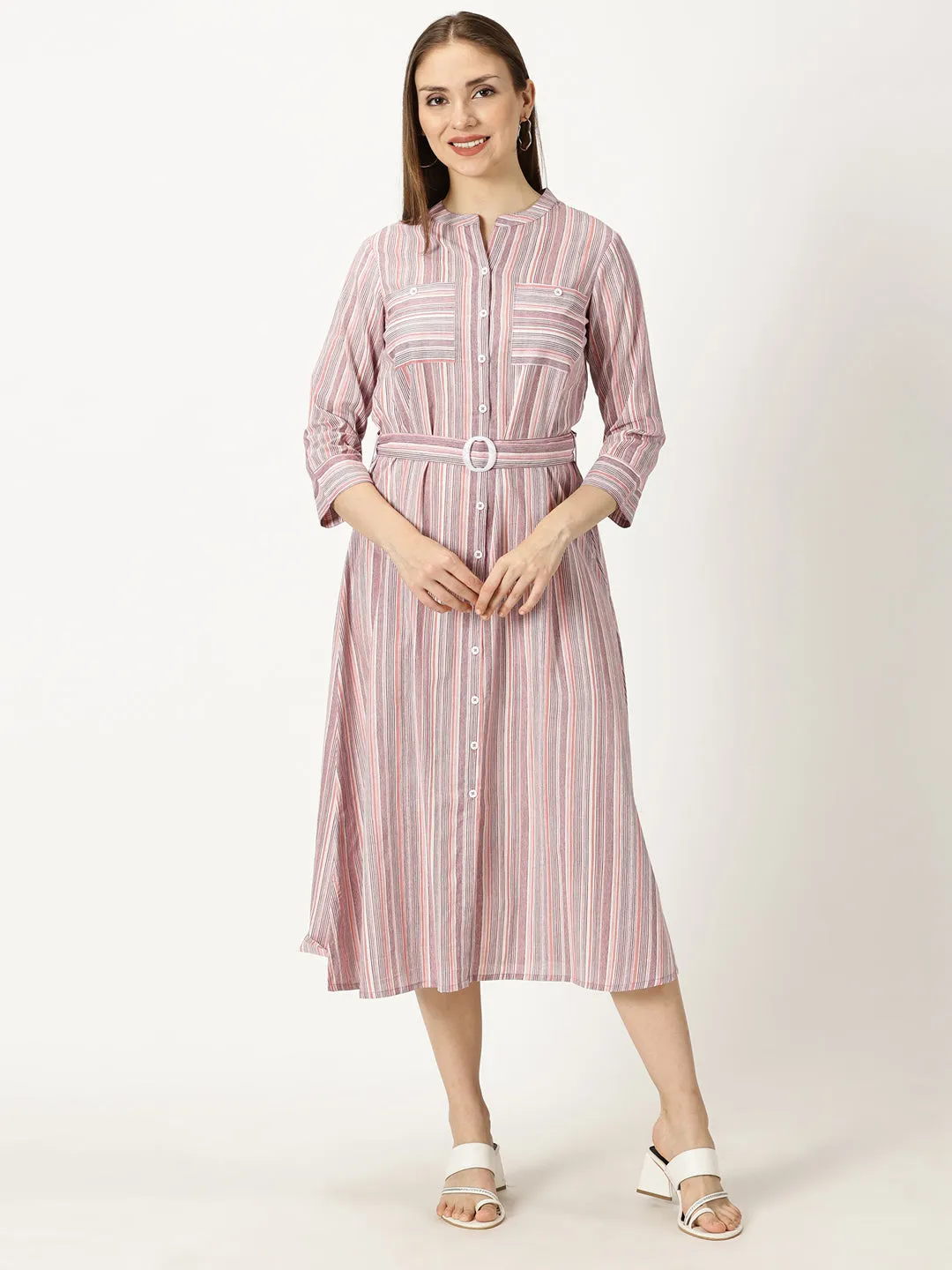 Pink Striped Print Cotton Dress with Belt Buckle