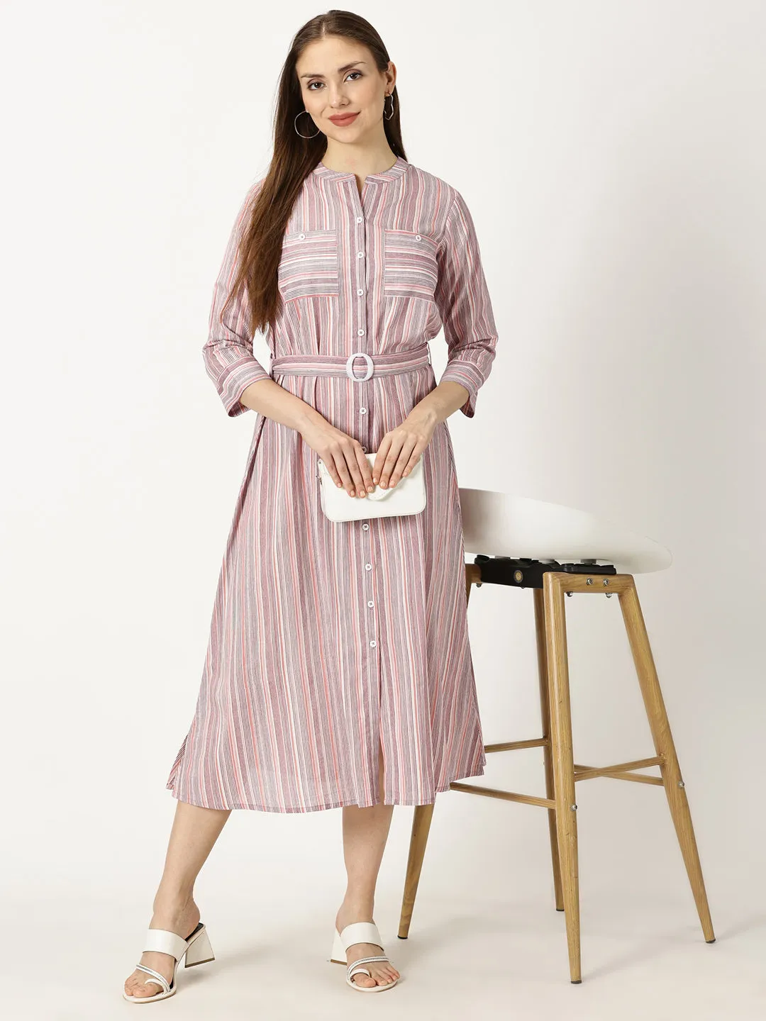 Pink Striped Print Cotton Dress with Belt Buckle