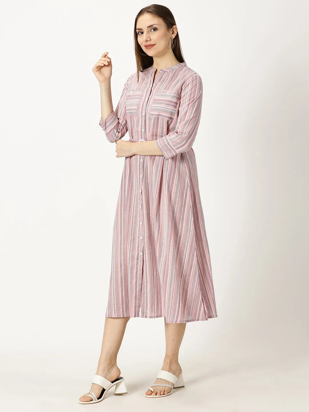 Pink Striped Print Cotton Dress with Belt Buckle