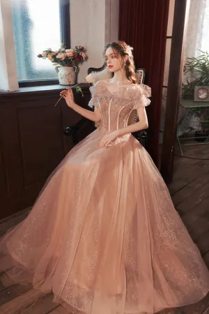 Pink Tulle Sequins Long Prom Dress, Off the Shoulder Party Dress