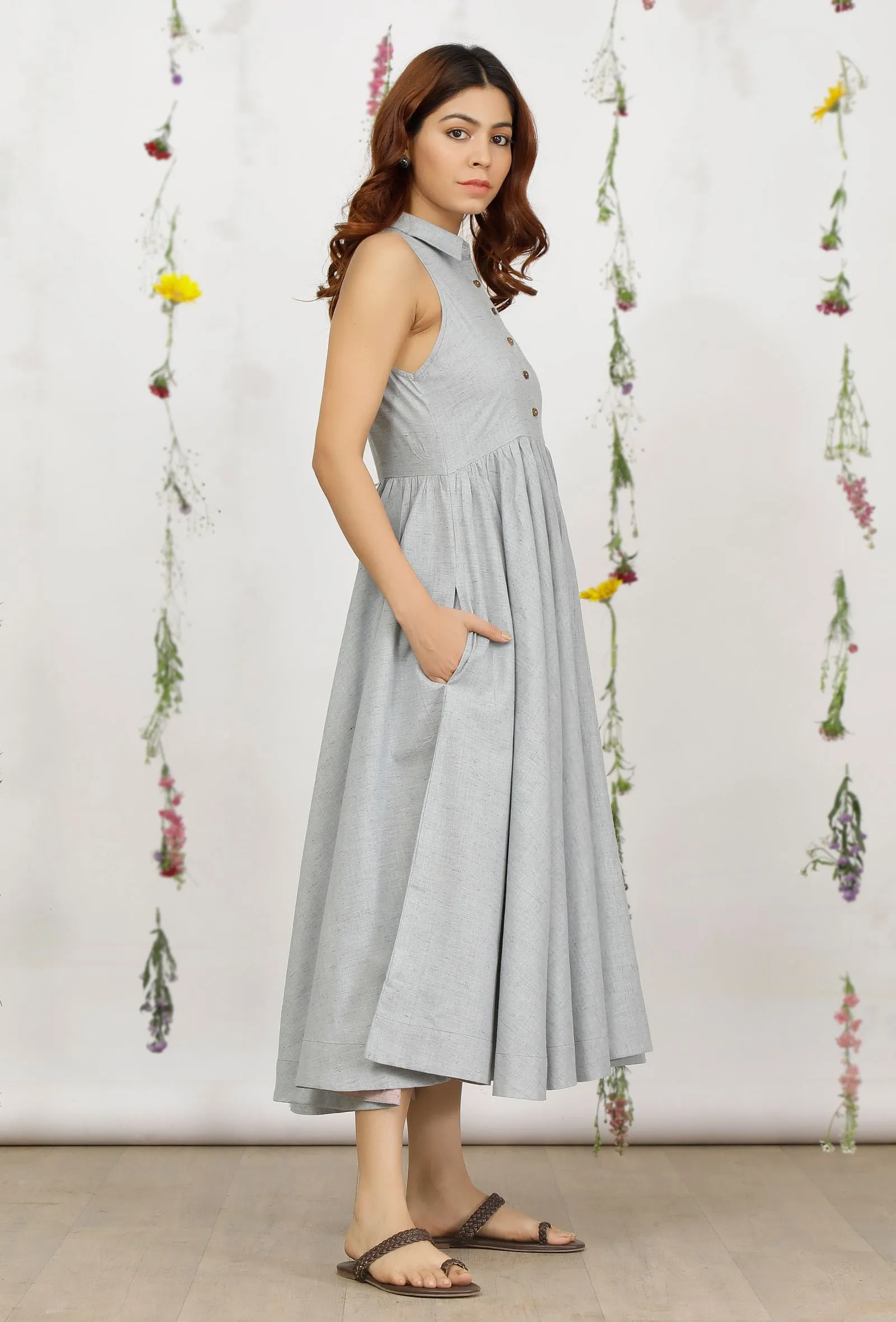 Powder Blue Khadi Cotton Shirt Halter Neck Dress