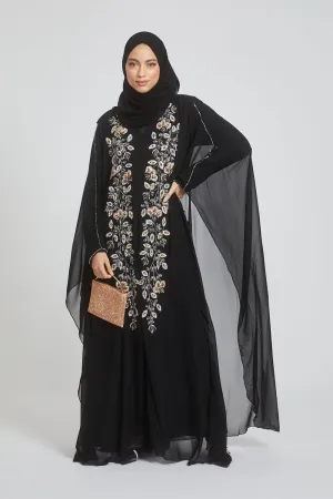 Premium Black Embellished Chiffon Open Farasha with Hood - Biloba