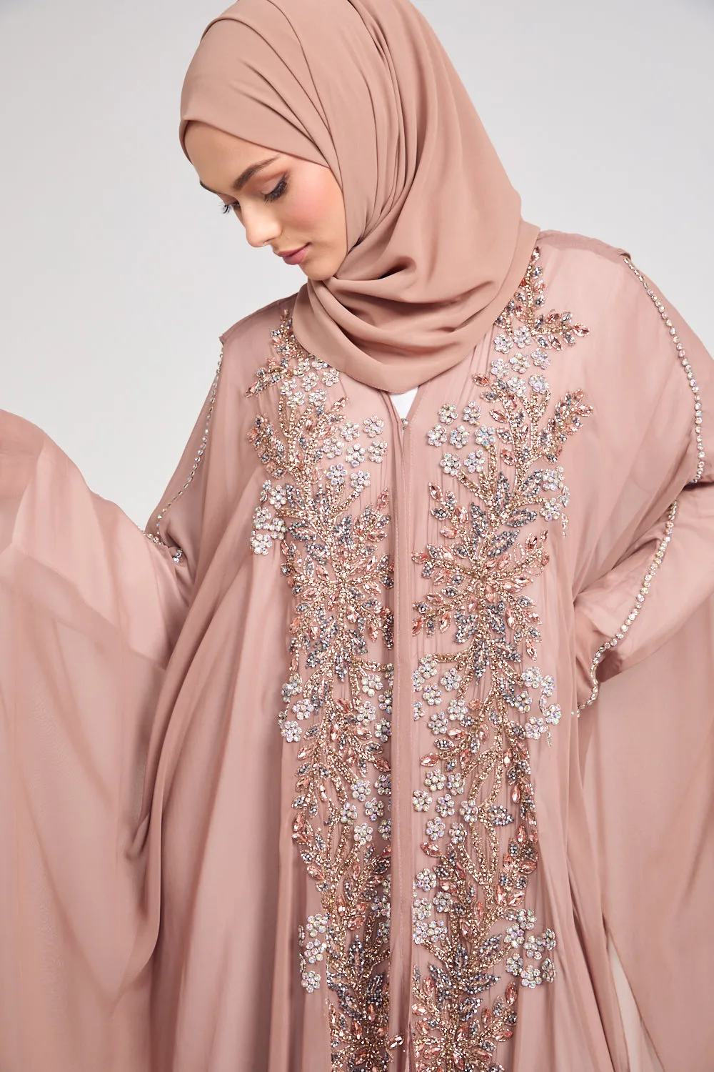 Premium Embellished Chiffon Open Farasha with Hood - Mahogany Rose