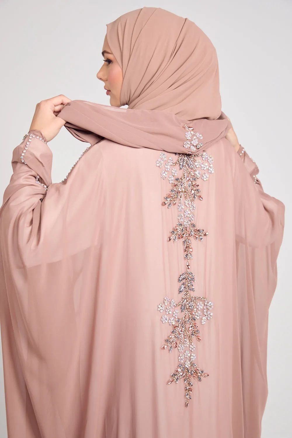 Premium Embellished Chiffon Open Farasha with Hood - Mahogany Rose