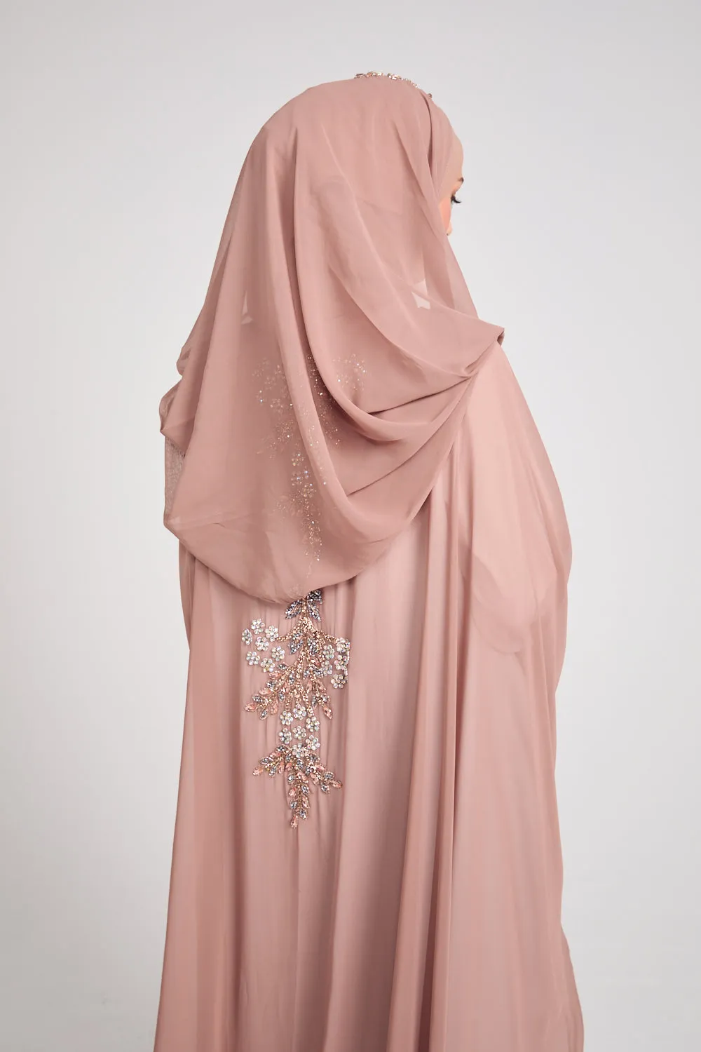 Premium Embellished Chiffon Open Farasha with Hood - Mahogany Rose