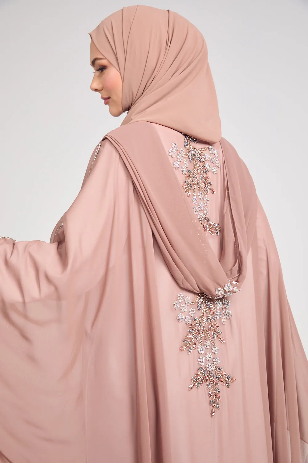 Premium Embellished Chiffon Open Farasha with Hood - Mahogany Rose