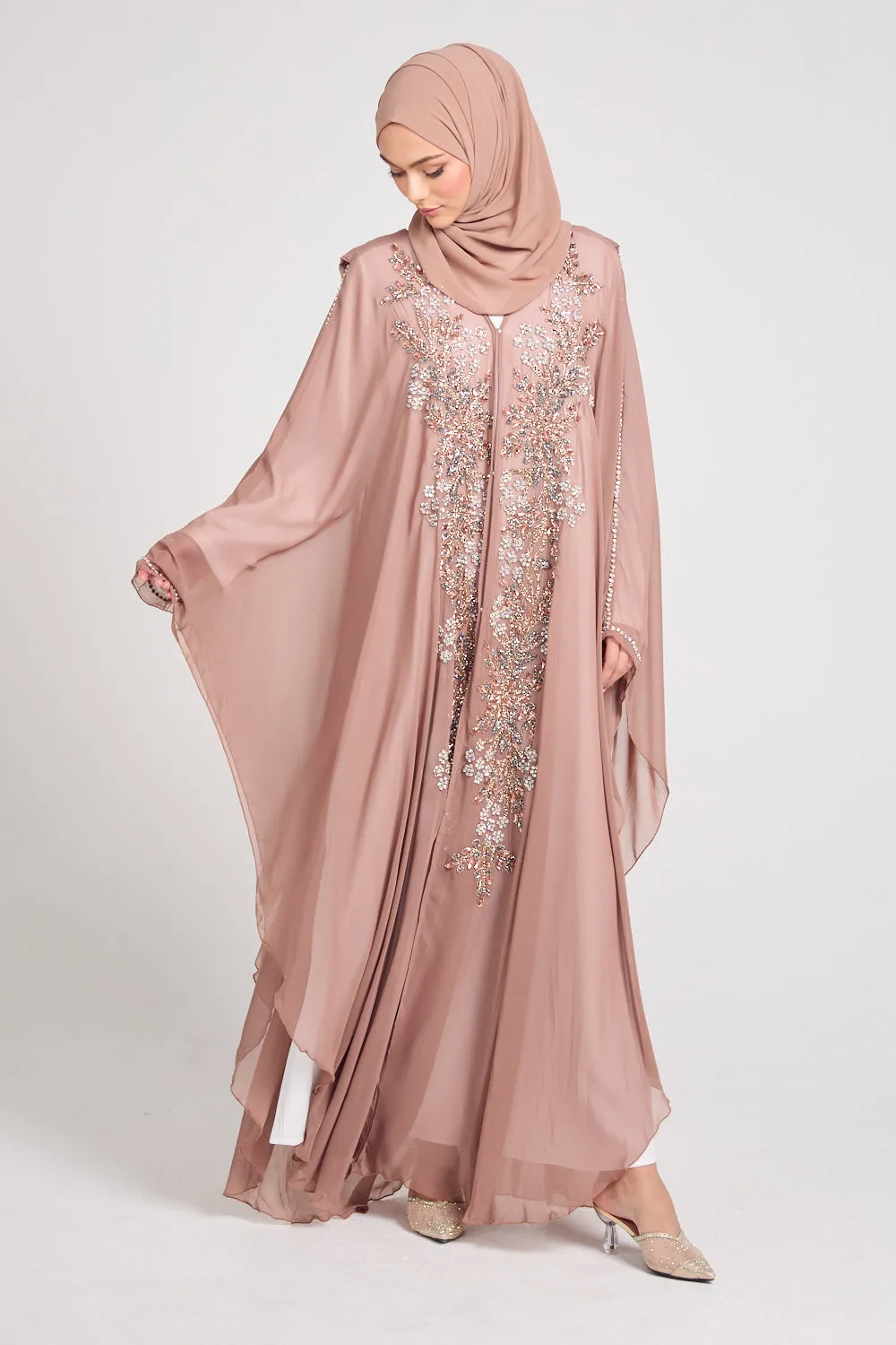 Premium Embellished Chiffon Open Farasha with Hood - Mahogany Rose