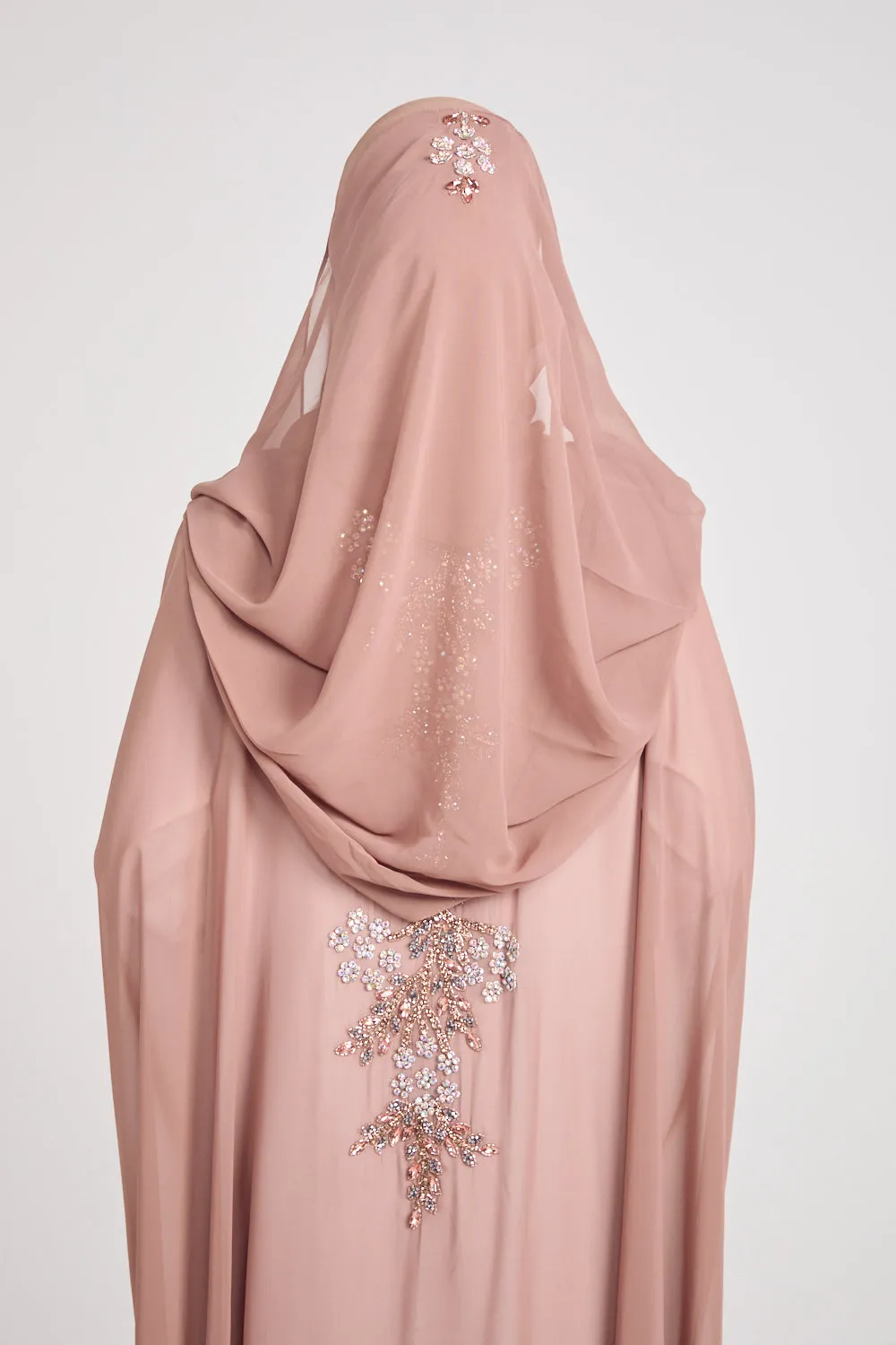 Premium Embellished Chiffon Open Farasha with Hood - Mahogany Rose